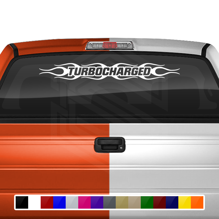 Calcomanía TURBOCHARGED n.° 124 para parabrisas y ventana, vinilo gráfico decorativo, diseño de llamas, 91 x 10,8 cm o más