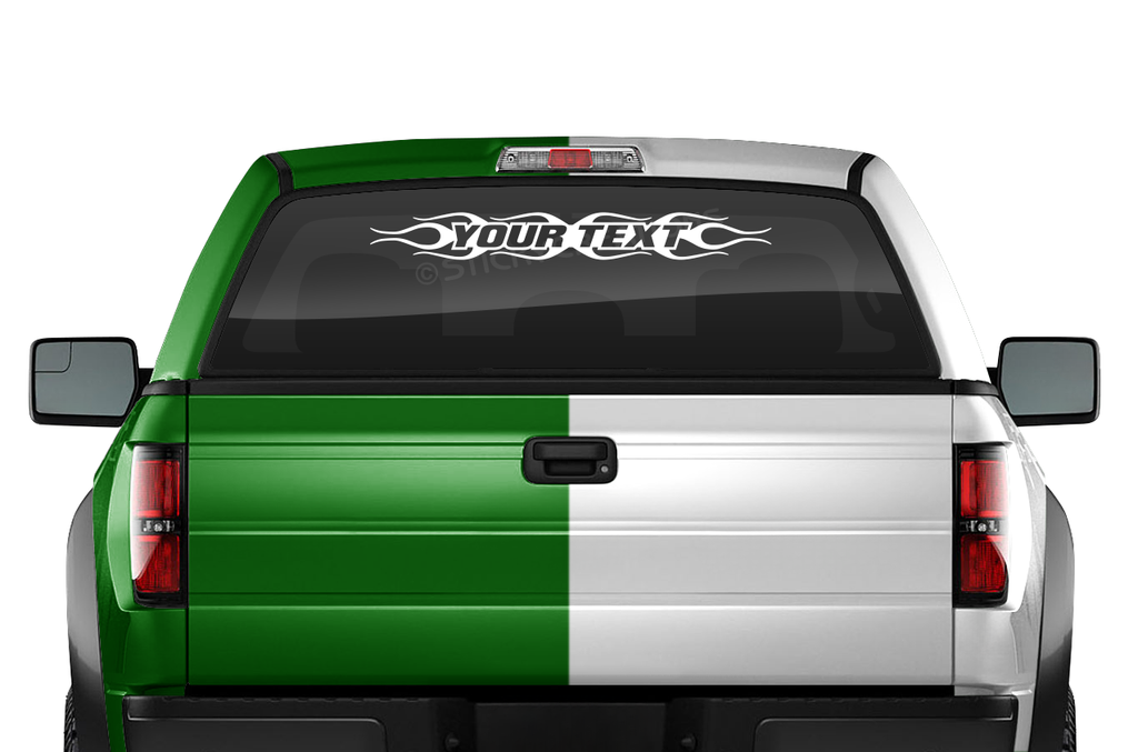 Calcomanía personalizada con texto n.° 124 para parabrisas y ventana, vinilo gráfico decorativo, diseño de llama, 36" x 4,25" o más