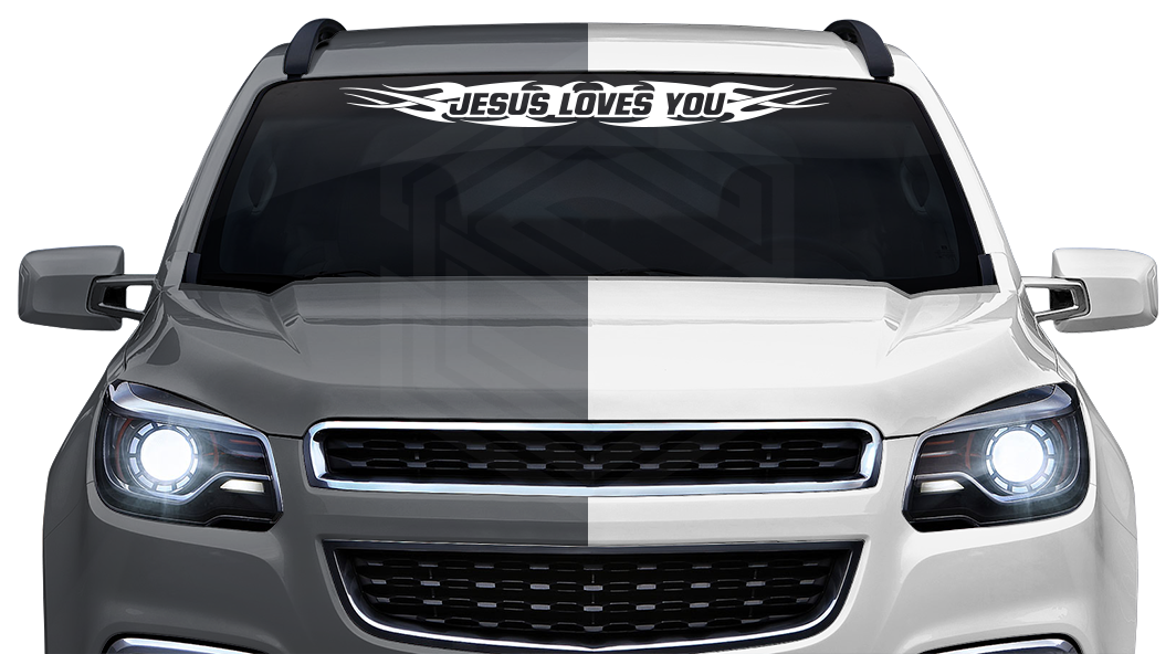 #148 JESUS LOVES YOU Decal Sticker Windshield Window Vinyl Graphic Banner Decoration Tribal Flame Design 36"x4.25"+