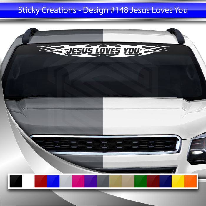 #148 JESUS LOVES YOU Decal Sticker Windshield Window Vinyl Graphic Banner Decoration Tribal Flame Design 36"x4.25"+
