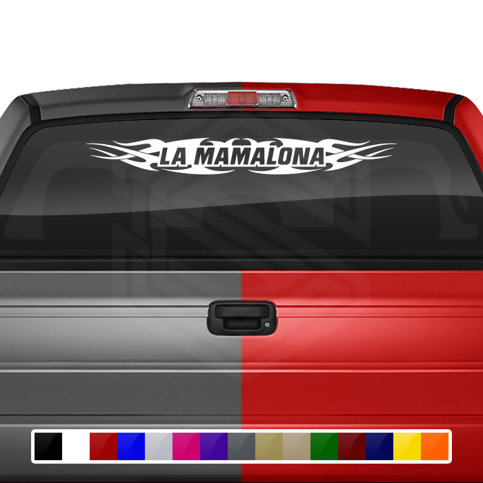 #148 LA MAMALONA Calcomanía para parabrisas, ventana, vinilo, decoración, diseño tribal de llamas, 36" x 4.25"+