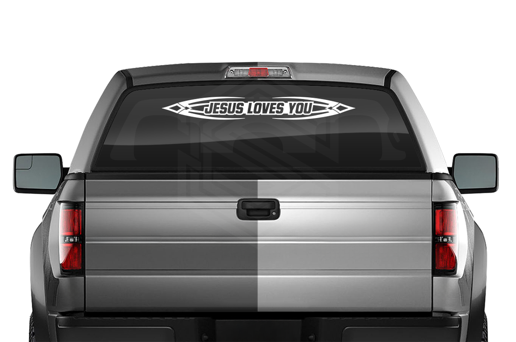 #150 JESUS LOVES YOU Decal Sticker Windshield Window Vinyl Graphic Banner Decoration Tribal Accent Design 36"x4.25"+