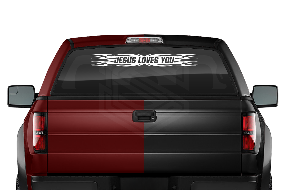 #161 JESUS LOVES YOU Decal Sticker Windshield Window Vinyl Graphic Banner Decoration Tribal Flame Design 36"x4.25"+