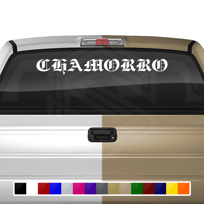CHAMORRO Guam Decal Sticker Windshield Window Vinyl Graphic Banner Text Font-Etch Old English Bold Caps 36"x4.25"+