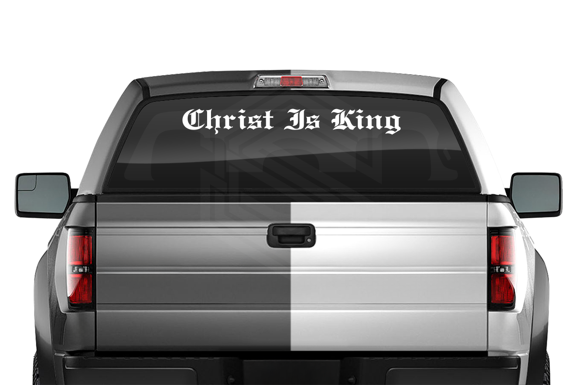 Calcomanía de vinilo para parabrisas y ventana "CRISTO ES REY", texto en inglés antiguo en negrita, 36" x 4,25" +
