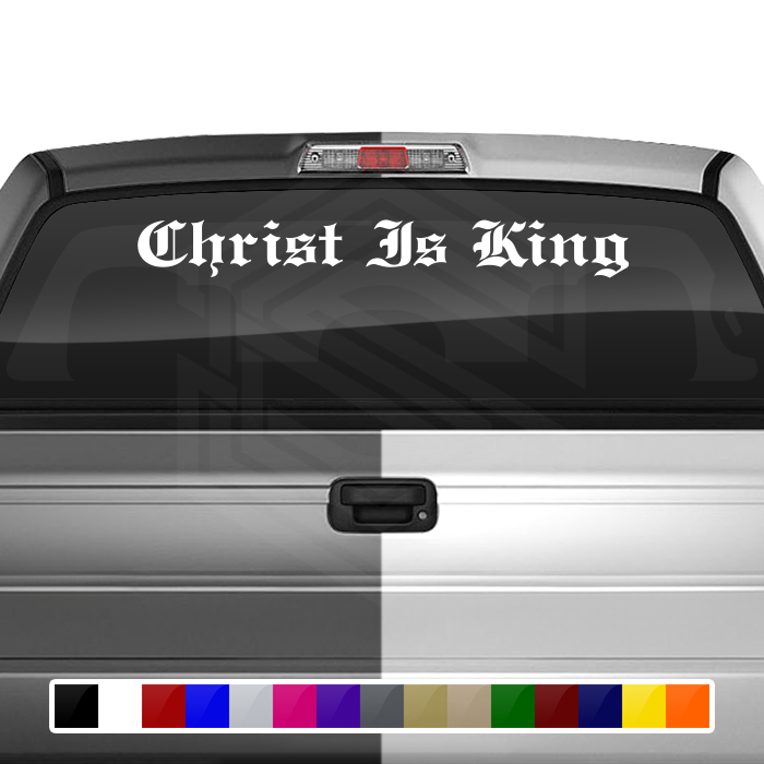 Calcomanía de vinilo para parabrisas y ventana "CRISTO ES REY", texto en inglés antiguo en negrita, 36" x 4,25" +