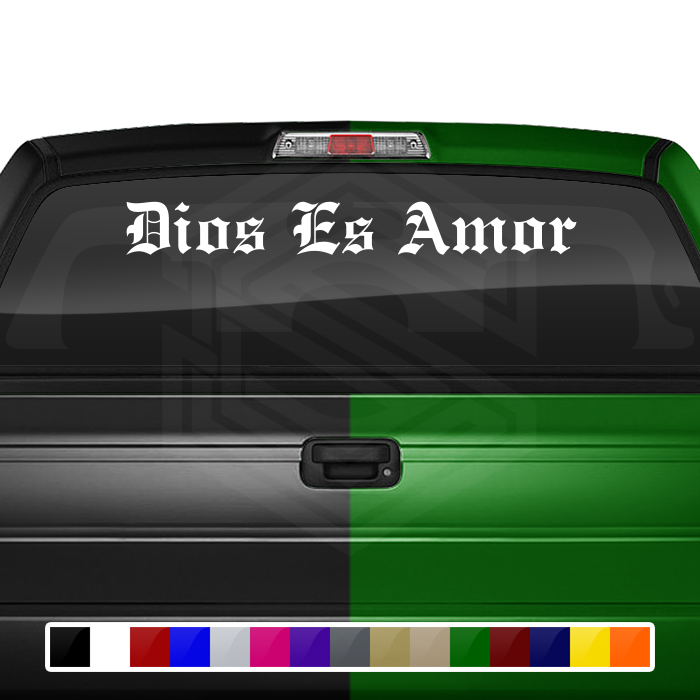 DIOS ES AMOR Decal Sticker Windshield Window Vinyl Graphic Banner Text Font-Etch Old English Bold 36"x4.25"+