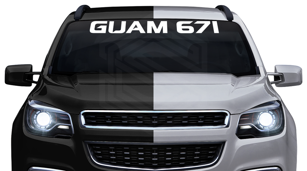 GUAM 671 Decal Sticker Windshield Window Vinyl Graphic Banner Text Font-Spaceage Caps 36"x4.25"+