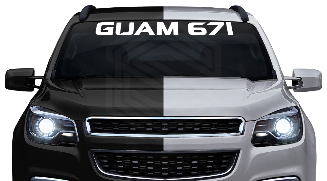 GUAM 671 Decal Sticker Windshield Window Vinyl Graphic Banner Text Font-Spaceage Caps 36"x4.25"+