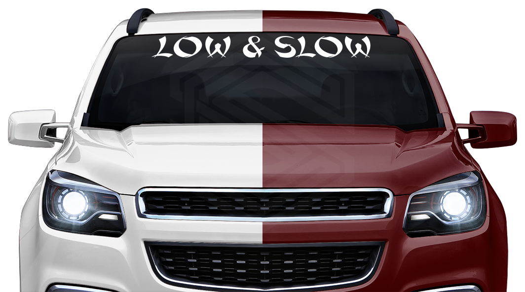 LOW & SLOW Decal Sticker Windshield Window Vinyl Graphic Banner Text Font-Shanghai Caps 36"x4.25"+