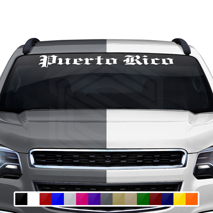 Calcomanía de PUERTO RICO para parabrisas, ventana, vinilo, pancarta gráfica, texto, fuente grabada, inglés antiguo, negrita, 36" x 4.25" +