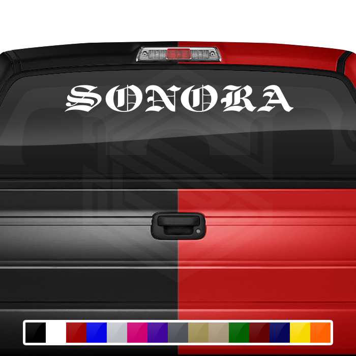 SONORA SON Mexico Decal Sticker Windshield Window Vinyl Graphic Banner Text Font-Etch Old English Bold Caps 36"x4.25"+
