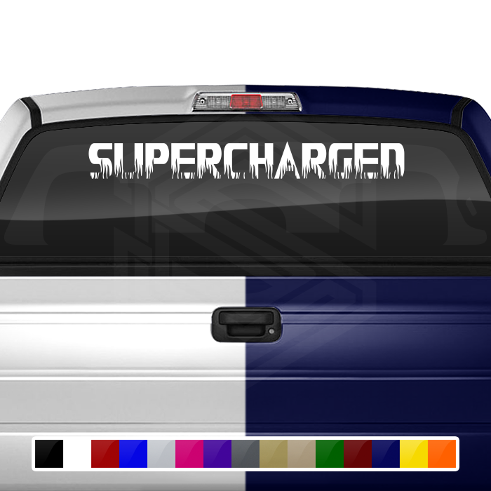 Calcomanía SUPERCHARGED para parabrisas, ventana, vinilo gráfico, fuente de texto - Tapas de llamas, 36" x 4.25"+