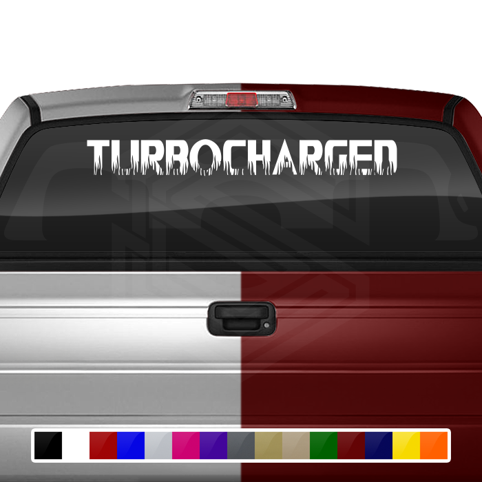 TURBOCHARGED Decal Sticker Windshield Window Vinyl Graphic Banner Text Font-Flame Caps 36"x4.25"+