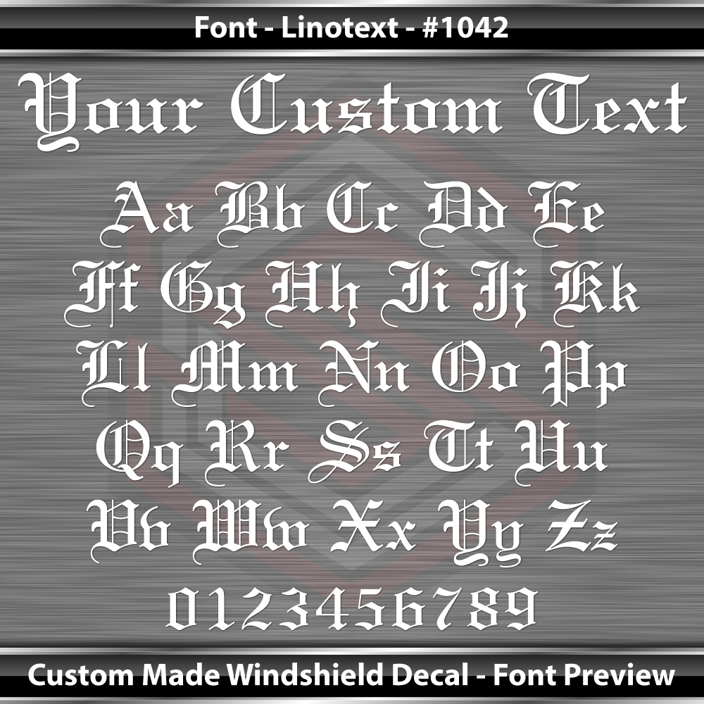 Fuente Linotext n.° 1042 - Calcomanía personalizada con nombre, texto y letras para parabrisas y ventana, vinilo gráfico de 91 x 10,8 cm o más