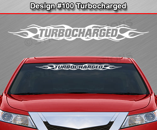 Design #100 Turbocharged - Windshield Window Flame Flaming Vinyl Sticker Decal Graphic Banner 36"x4.25"+